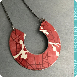 Red Cherry Blossoms Arc Tin Recycled Necklace