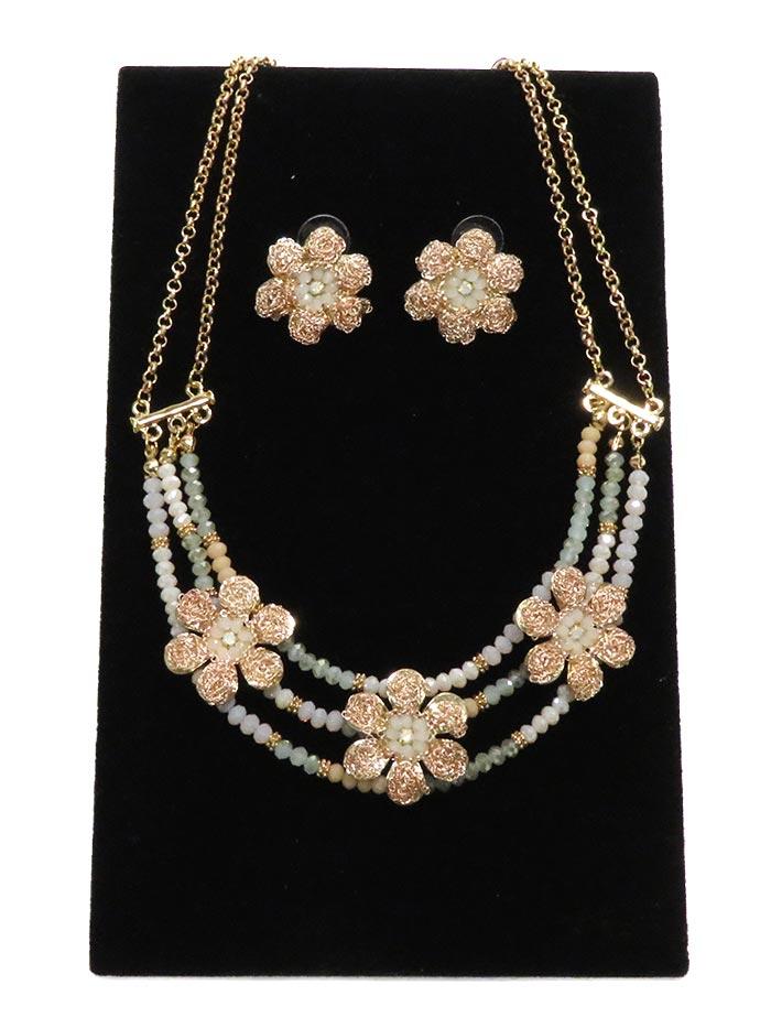 Floral Lace Pink Necklace & Earrings Jewelry Set NCSET-GOLD