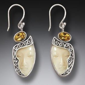 "Enigma" Ancient Fossilized Walrus Tusk Ivory and Citrine Goddess Silver Earrings