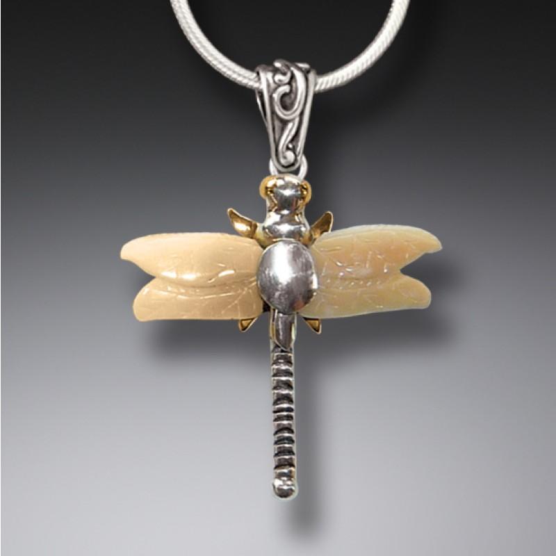 FOSSILIZED WALRUS TUSK IVORY SILVER DRAGONFLY PENDANT NECKLACE WITH 14KT GOLD FILL - DRAGONFLY