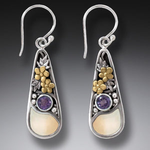 "First Rain" Ancient Fossilized Walrus Tusk Ivory and Amethyst Silver and 14kt Gold Fill Earrings