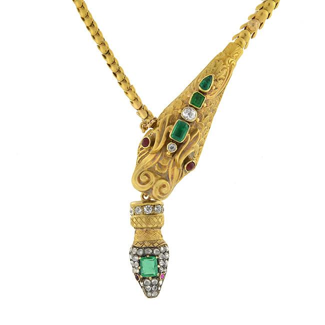 Victorian 18kt Multi Gemstone Dragon & Snake Necklace