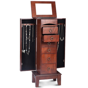 Medium Brown Wood Jewlery Armoire Storage Chest Cabinet with Mirror