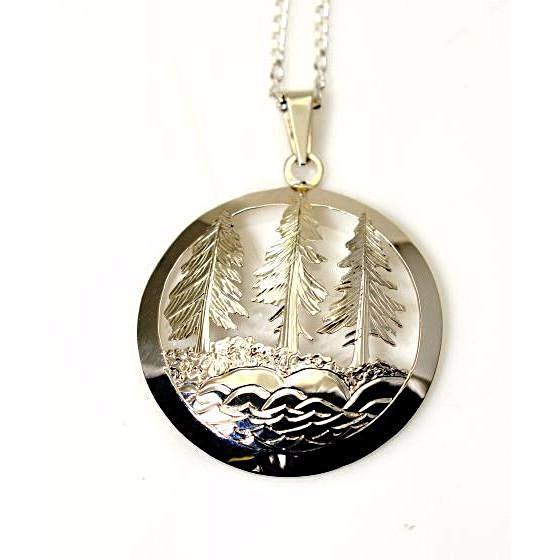Sterling Silver Evergreen Trees and Sea Pendant Necklace
