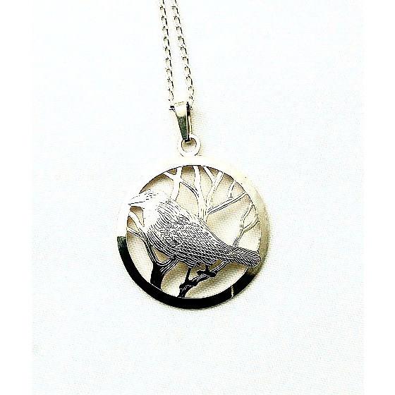 Sterling Silver Raven in Circle Pendant Necklace
