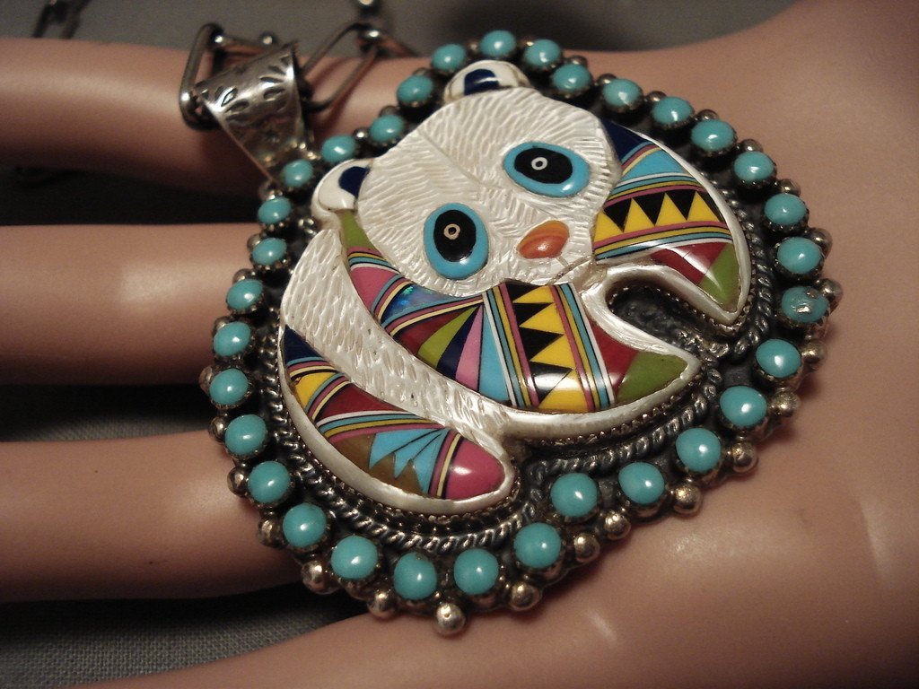 Absolutely Beautiful Vintage Zuni/ Navajo 'Panda Bear' Turquoise Native American Jewelry Silver Necklace