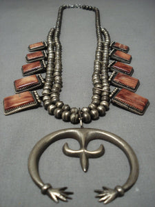 Amazing Vintage Native American Jewelry Navajo Spiny Oyster Sterling Silver Squash Blossom Necklace