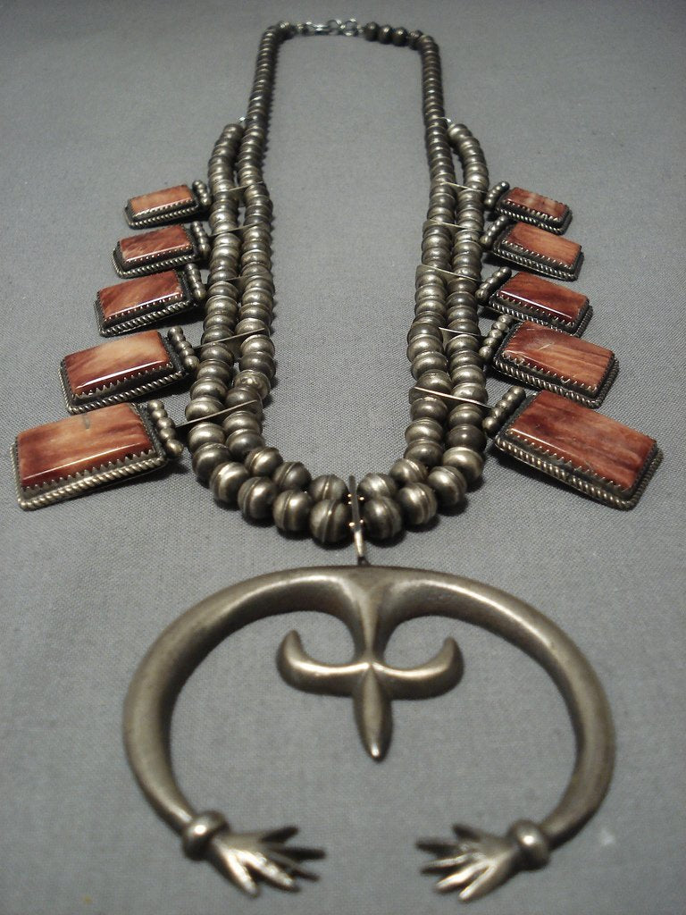 Amazing Vintage Native American Jewelry Navajo Spiny Oyster Sterling Silver Squash Blossom Necklace