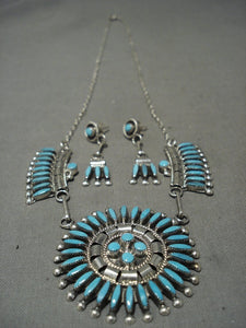 Amazing Vintage Zuni 'Natural Needle Turquoise' Native American Jewelry Silver Necklace Earrings