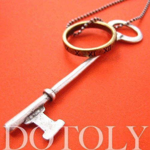 Skeleton Key Pendant with Roman Numeral Hoop Charm Necklace in Silver