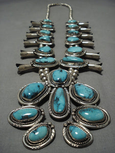 Astounding Vintage Native American Navajo Turquoise Sterling Silver Squash Blossom Necklace Old