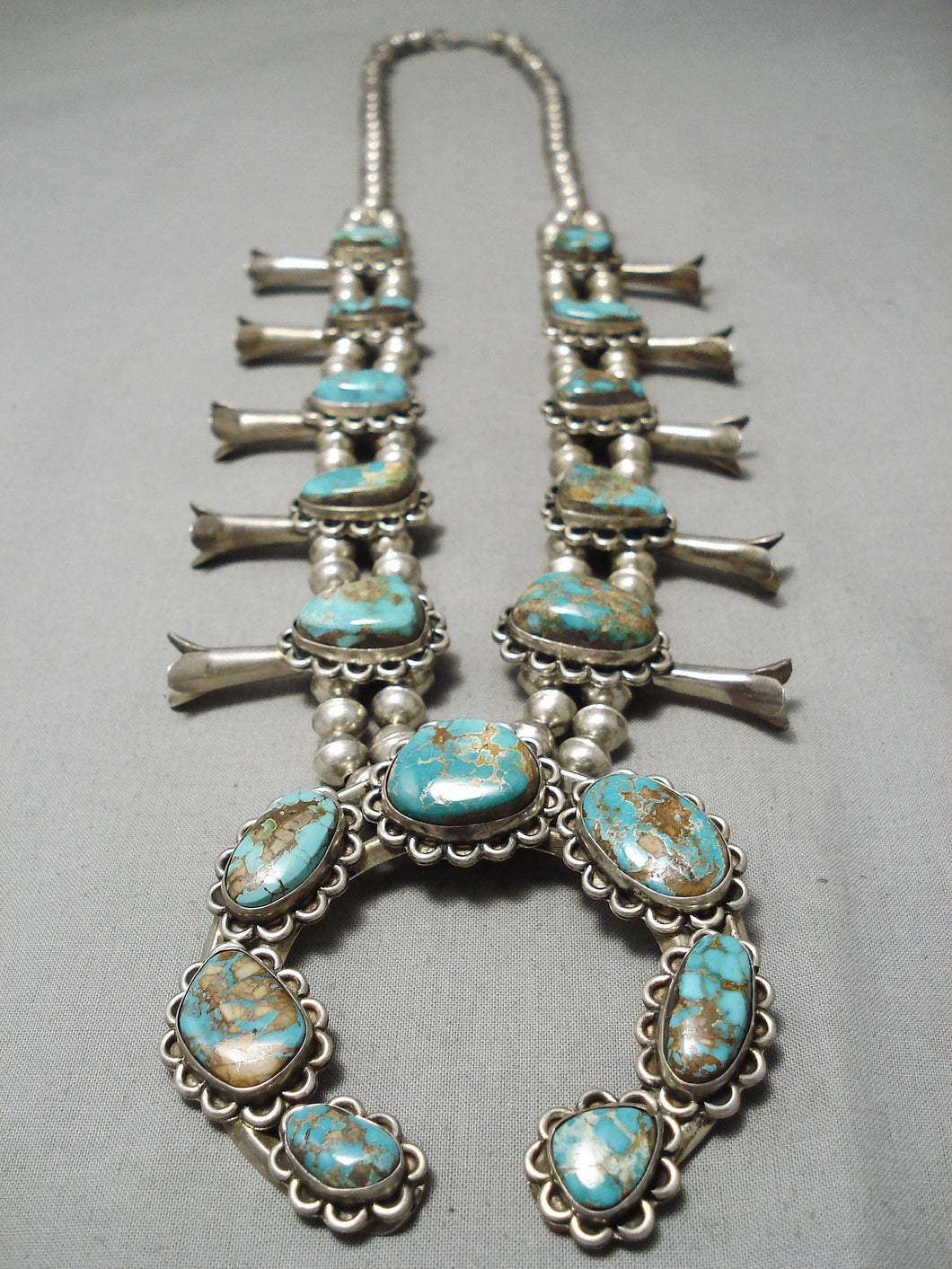 Amazing Vintage Native American Navajo Royston Turquoise Sterling Silver Squash Blossom Necklace