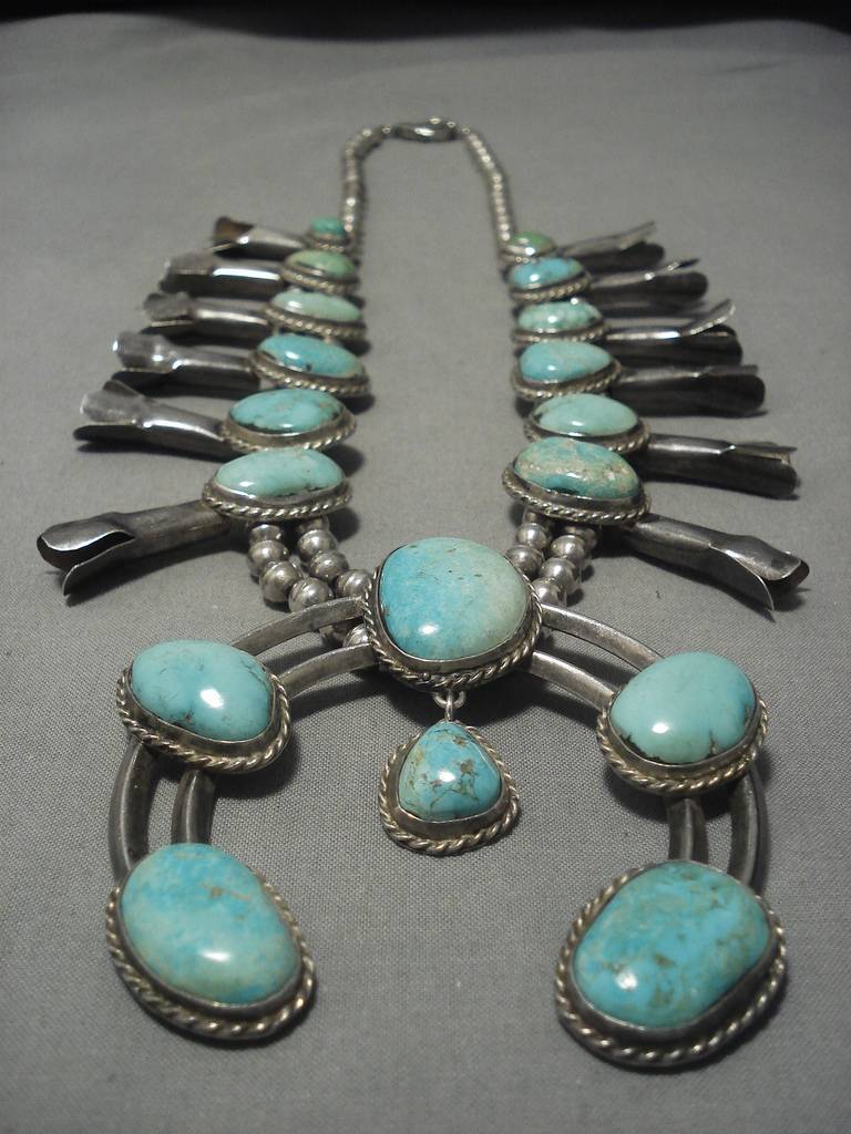 Big Vintage Native American Navajo Carico Lake Turquoise Sterling Silver Squash Blossom Necklace