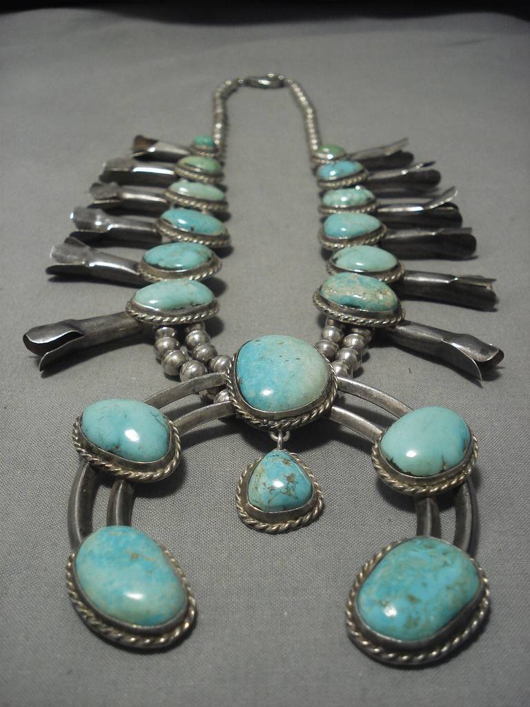 Vintage Native American Navajo Carico Lake Turquoise Sterling Silver Squash Blossom Necklace Vintage Native American Navajo Carico Lake Turquoise Sterling Silver Squash Blossom Necklace