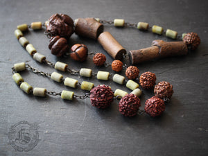The Leshy. Earthy Long Statement Necklace of Vintage Rudraksha and Rosary Beads.