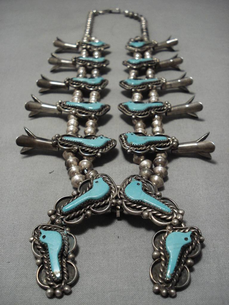 Bird Fetish Vintage Native American Navajo Turquoise Sterling Silver Squash Blossom Necklace