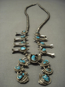 Bisbee Turquoise! Vintage Navajo Squash Blossom Sterling Native American Jewelry Silver Necklace