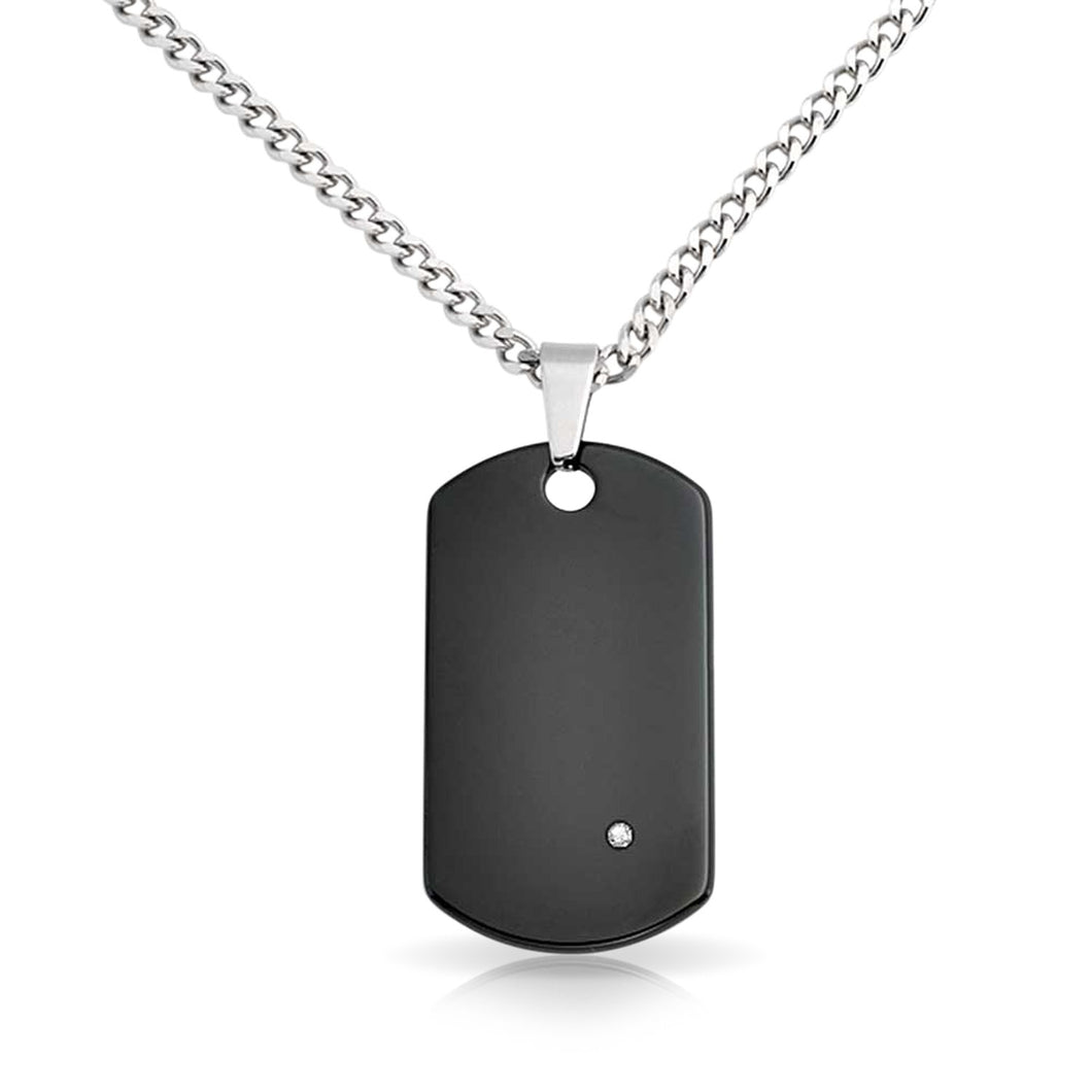 Black Tungsten Dog Tag Pendant CZ 24 inch Bead Stainless Steel Chain