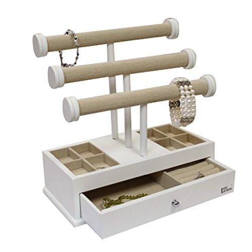 #BXJ12LN Wooden Linen Triple T-Bar Jewelry Organizer