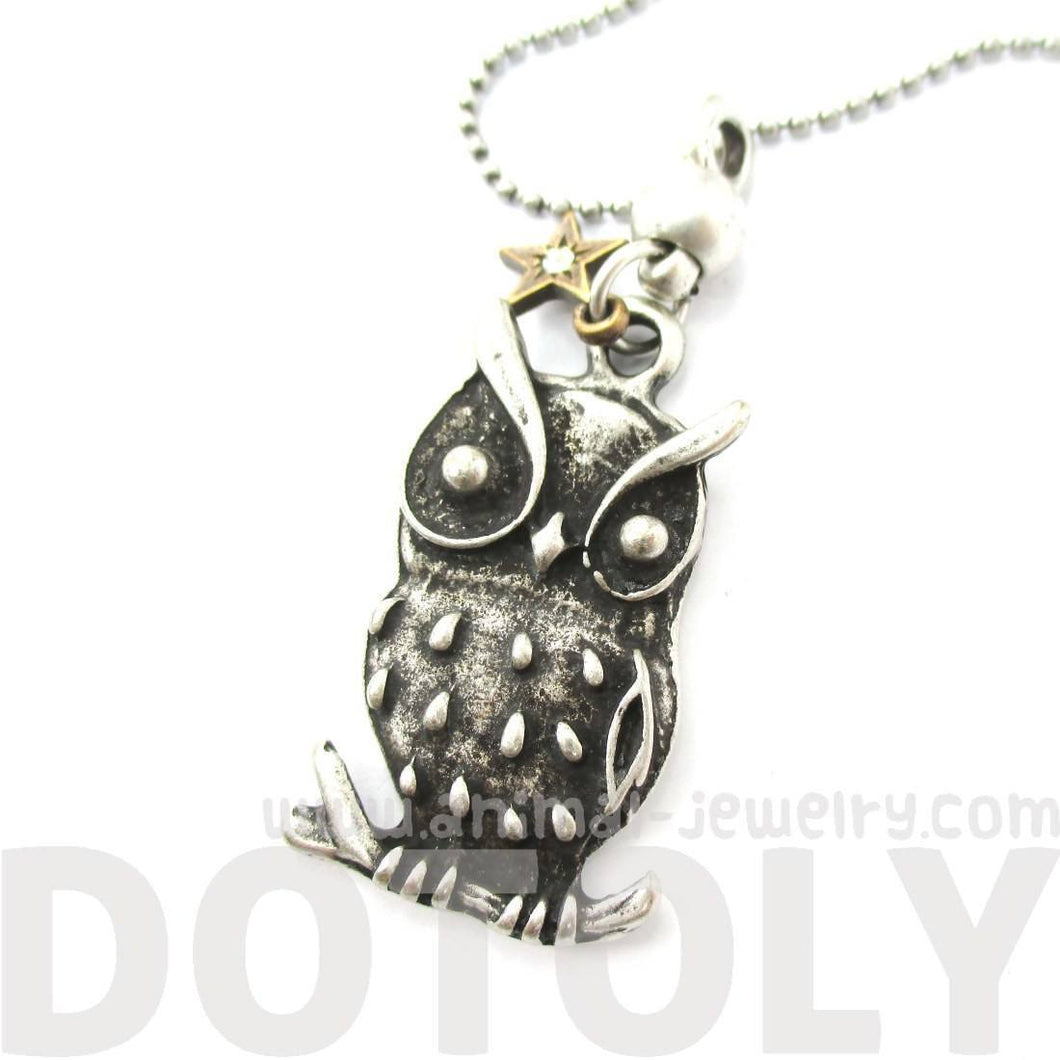 Detailed Owl On A Branch Bird Shaped Animal Inspired Pendant Necklace in Silver | DOTOLY