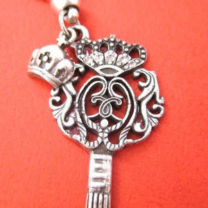 Skeleton Key Pendant with Decorative Crown Detail Necklace in Silver