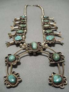 Heavy!! Vintage Native American Navajo Royston Turquoise Sterling Silver Squash Blossom Necklace