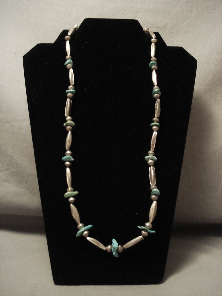 Earlier Vintage Navajo Hand Wrought Native American Jewelry Silver Torpedo Turquoise Native American Jewelry Silver Necklace