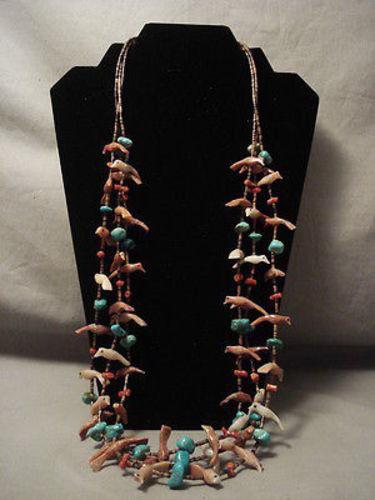 EARLIER VINTAGE SANTO DOMINGO TURQUOISE SHELL FETISH SILVER NECKLACE OLD