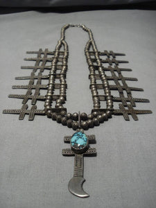 Early 1900's Vintage Native American Navajo Sterling Silver Squash Blossom Cross Necklace
