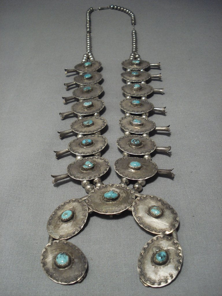 Early 1900's Vintage Navajo Turquoise Sterling Native American Jewelry Silver Squash Blossom Necklace