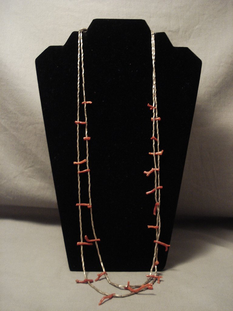 Early 1900's Vintage Navajo 'Twist Bead' Coral Native American Jewelry Silver Necklace Old
