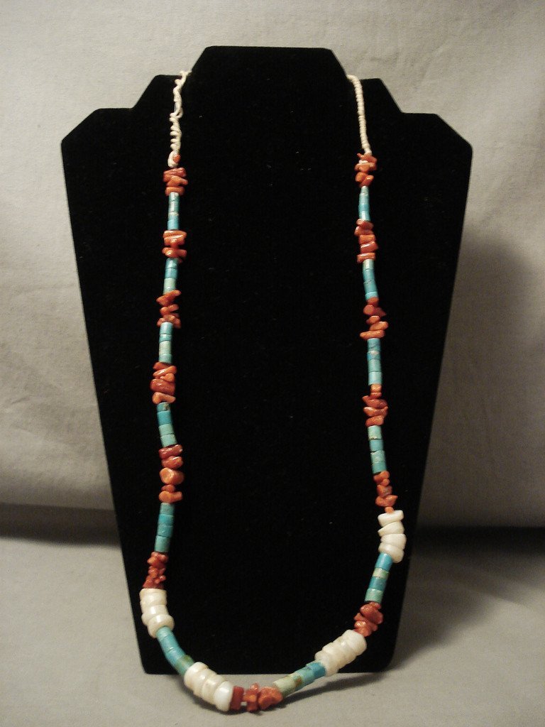 Early 1900's Vintage Santo Domingo/ Navajo Native American Jewelry jewelry Coral Turquoise Shell Necklace