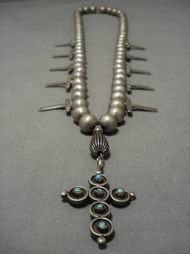 Early Cross Sterling Silver Vintage Native American Navajo Turquoise Squash Blossom Necklace