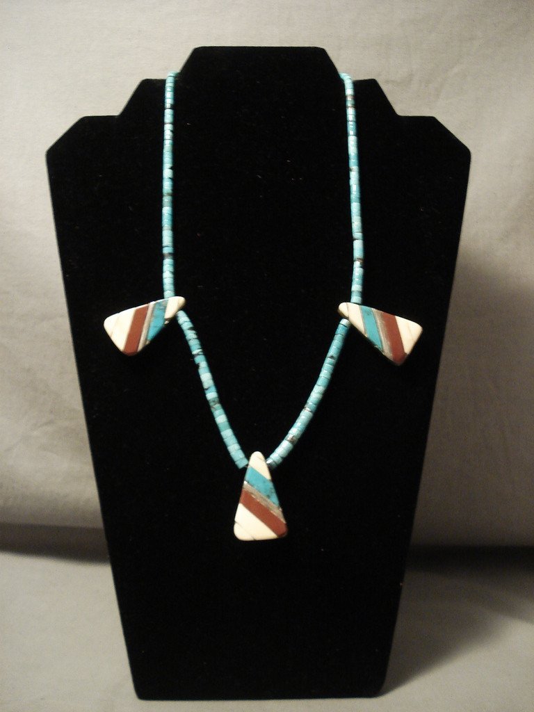 Early Santo Domingo Turquoise Coral Heishi Inlay Necklace
