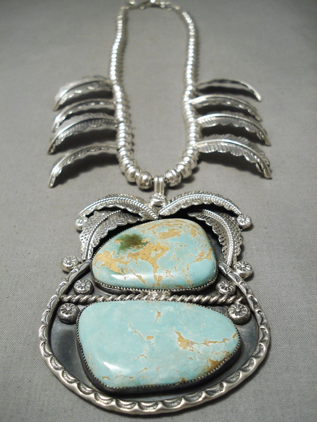 Best Vintage Native American Navajo #8 Turquoise Sterling Silver Squash Blossom Necklace