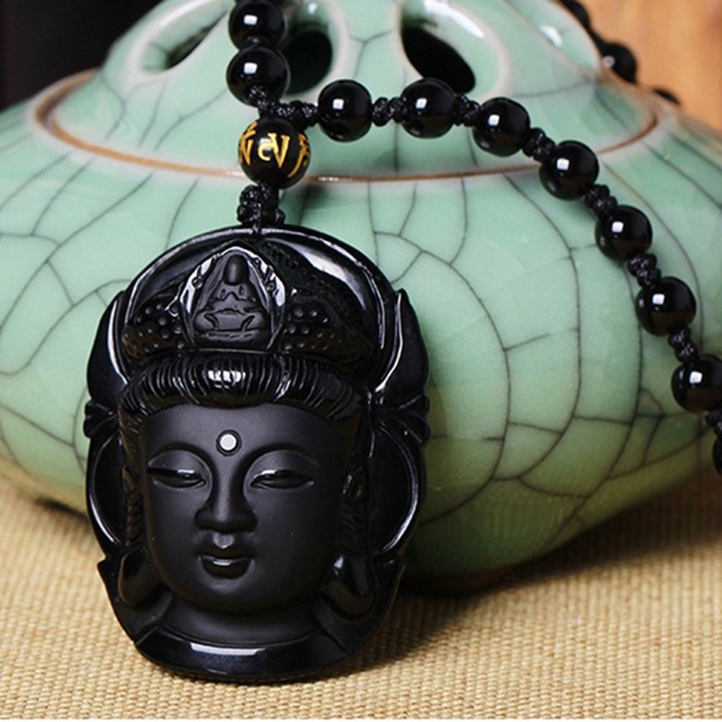 Black Natural A Obsidian Carved Kwan-yin Pendant Fashion Lucky Jewelry Beautiful
