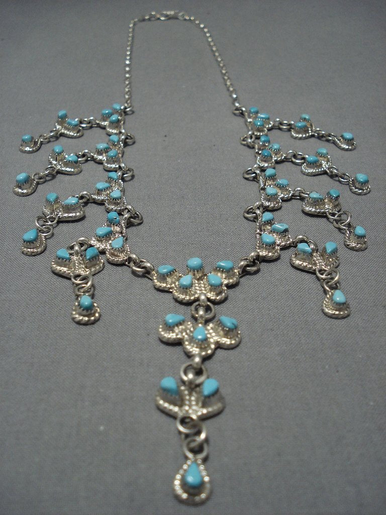 Fabulous Vintage Native American Jewelry Navajo Dnnagling Charm Turquoise Sterling Silver Necklace Old