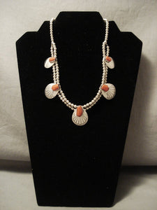 Fabulous Vintage Navajo 'Chunk Coral' Native American Jewelry Silver Necklace
