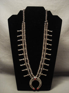 Fabulous Vintage Navajo Coral Chunk Sterling Native American Jewelry Silver Squash Blossom Necklace