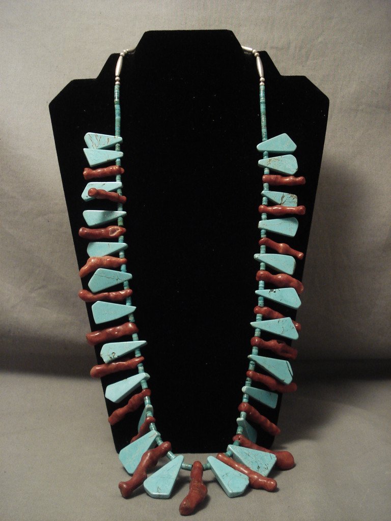 Fabulous Vintage Navajo Triangular Turquoise & Coral Native American Jewelry Silver Necklace Old