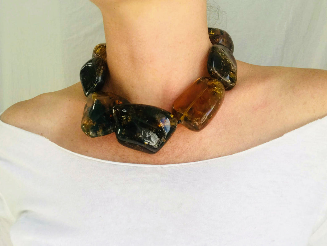 Large Amber Natural Nugget Beaded Choker Necklace. Mexican Amber.