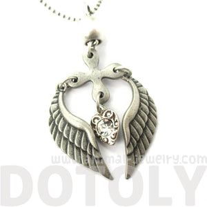 Feather Angel Wings and Heart Shaped Pendant Necklace in Silver | DOTOLY