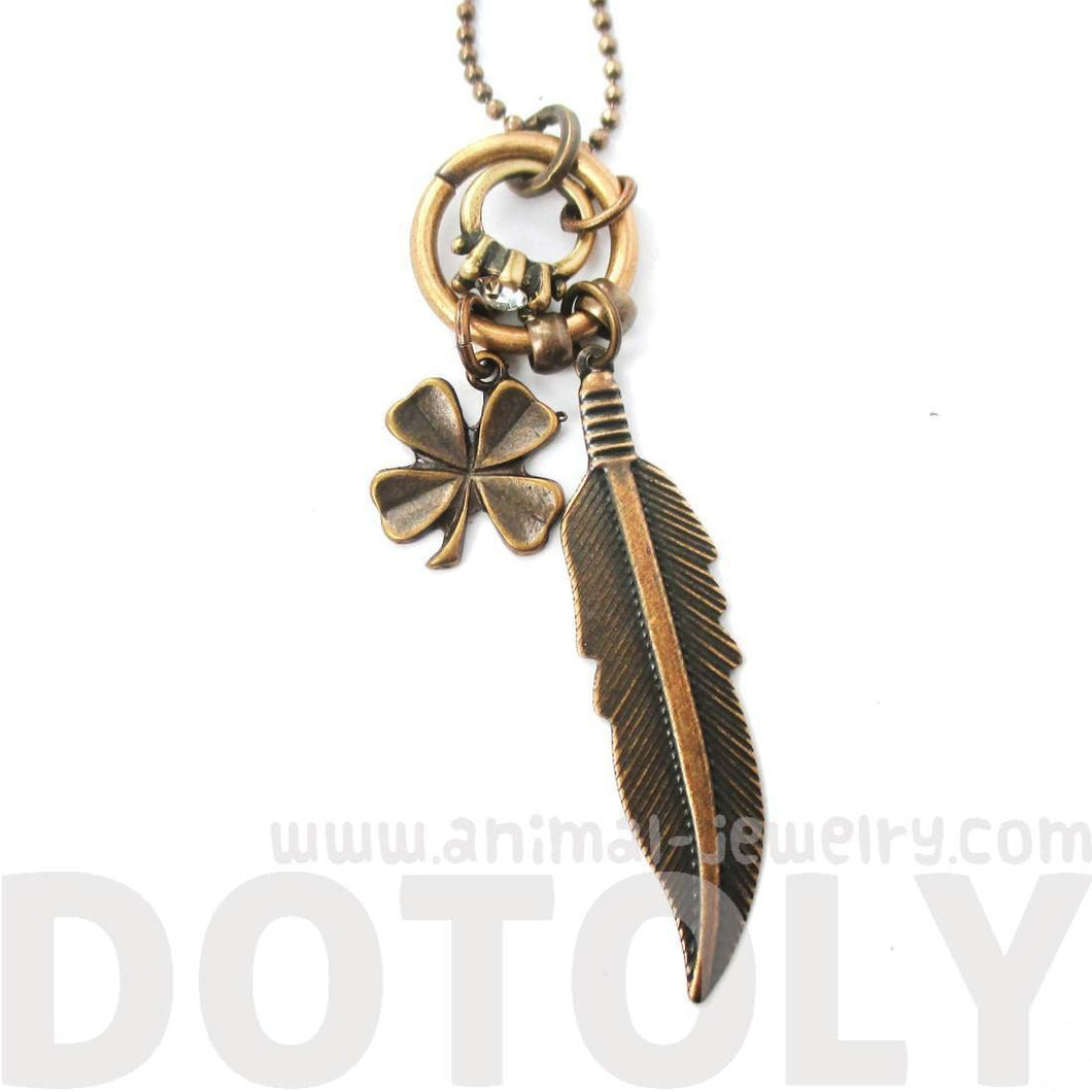 Feather Four Leaf Clover and Diamond Ring Shaped Charm Necklace in Brass | DOTOLY