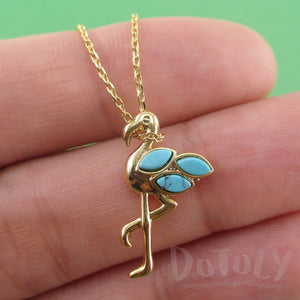 Flamingo Standing on One Leg Shaped Pendant Necklace in Gold with Turquoise Beaded Detail