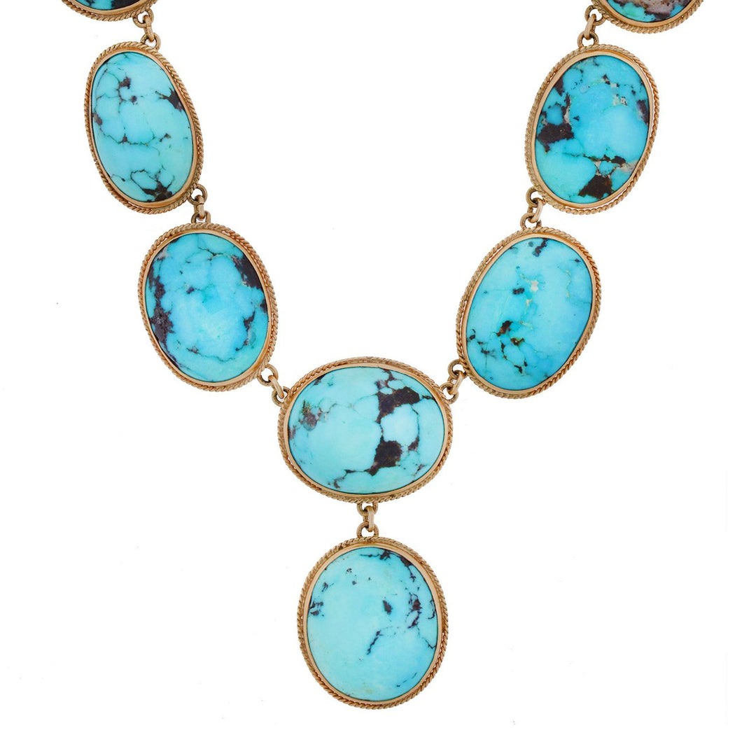 Edwardian 14kt Natural Turquoise Festoon Style Necklace 16.5