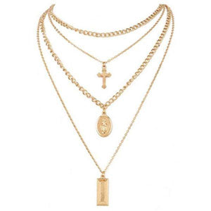 Four Layer Gold-Tone Chain Necklace with Cross and Virgin Mary