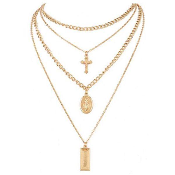 Four Layer Gold-Tone Chain Necklace with Cross and Virgin Mary