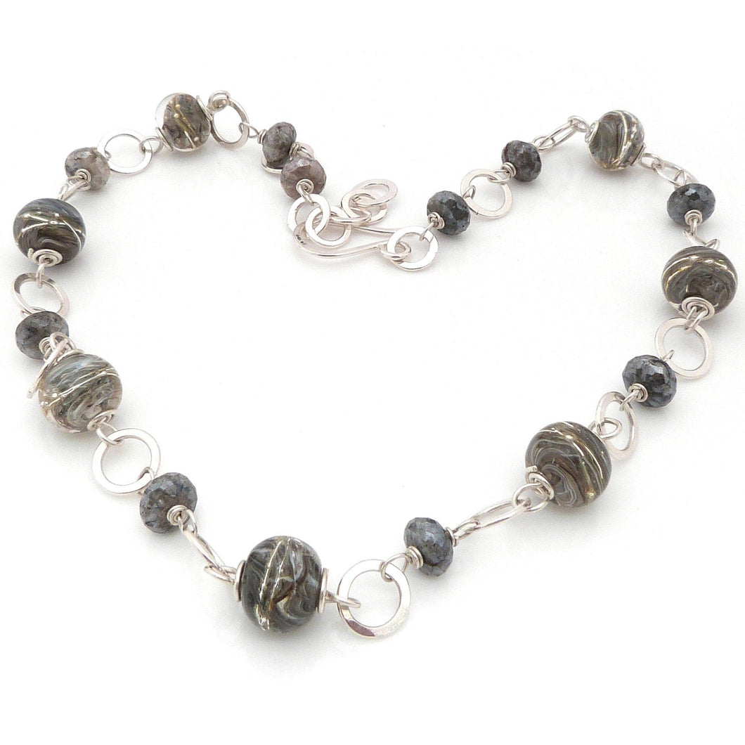 Grey Lampwork, Sterling Silver and Silverite Necklace ~ Stormy Skies ~