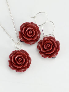 Red coral rose earrings and necklace set
