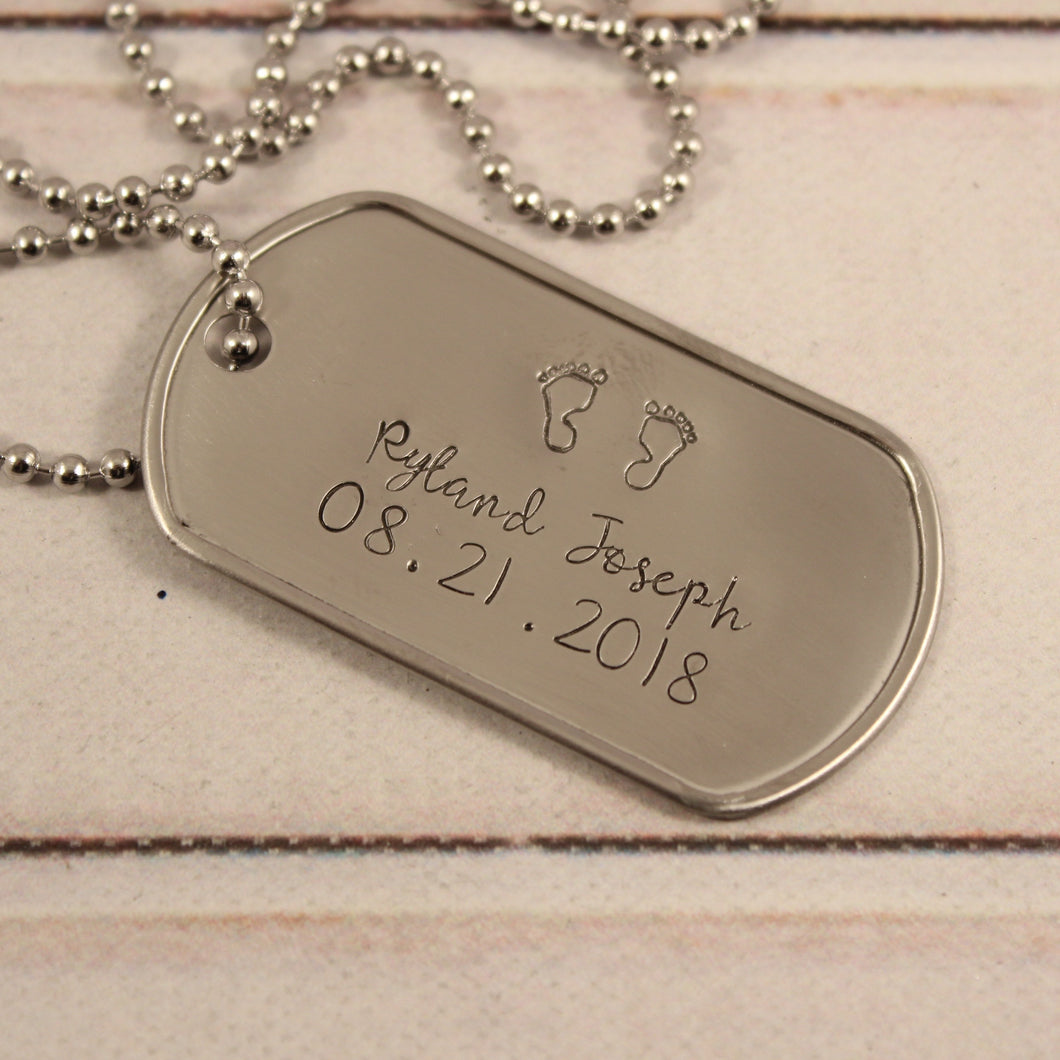 New Dad, Baby feet - Personalized, Dog Tag Necklace / keychain